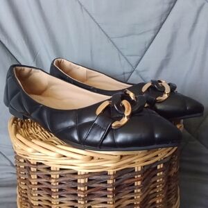 Selina Quilted Black Slip On Pointed Toe Flats Gold Cuban Link Cushiony Insole